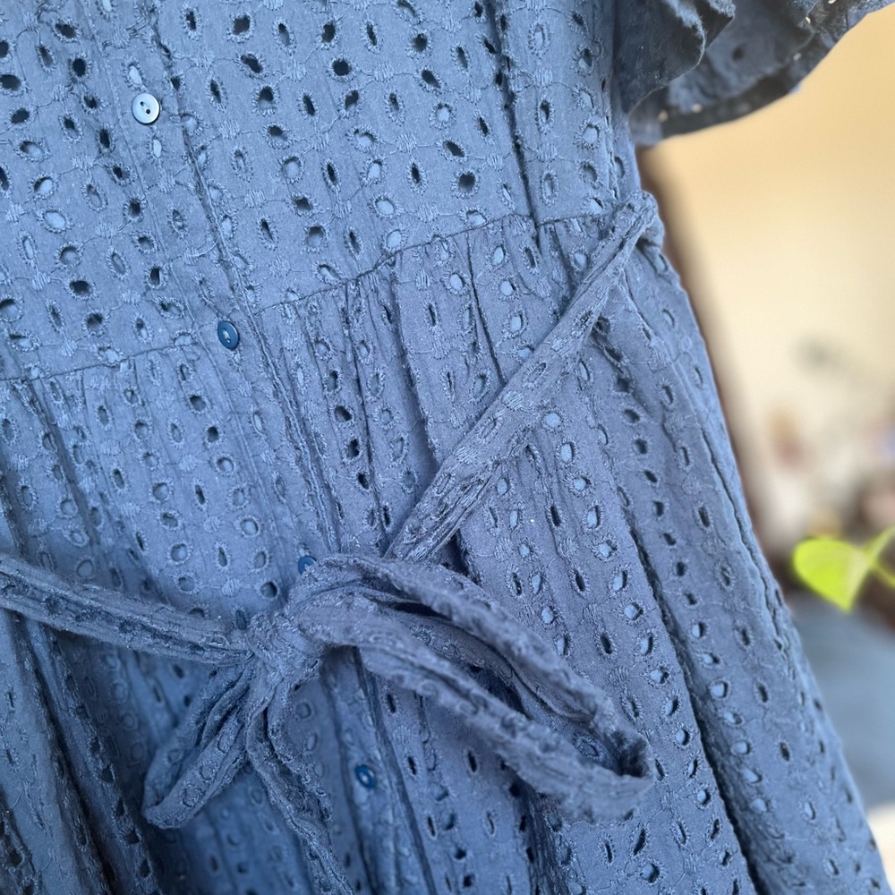 Navy Blue Cotton Eyelet Midi Dress - Picture 5 of 8